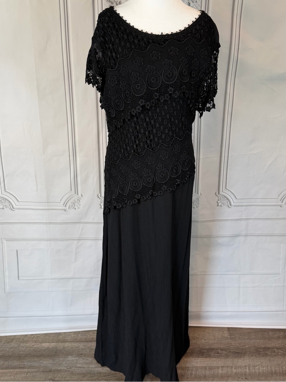 Vintage 90s Magnet Art Lynn Yang Boho Crochet Lace Overlay Dress SZ L Maxi Flowy